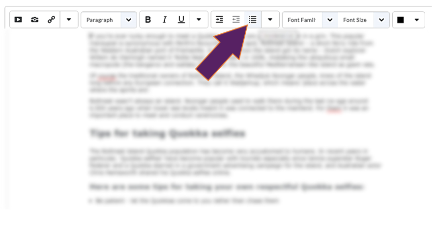 List button in the menu bar of the HTML editor